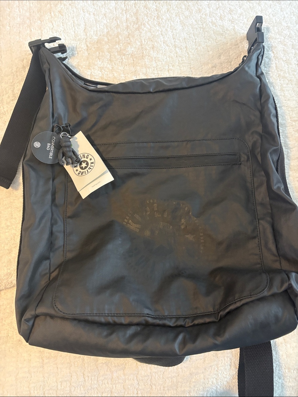 Kipling Black Nylon backpack convertible Bag with Logo Charm Morie